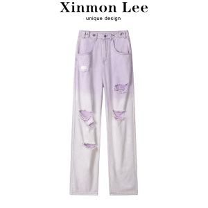 XinmonLee破洞直筒渐变百搭牛仔裤子夏季女设计感宽松显瘦阔腿裤