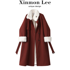 XinmonLee设计感红色派克服风衣外套冬季女士韩版宽松加厚大衣