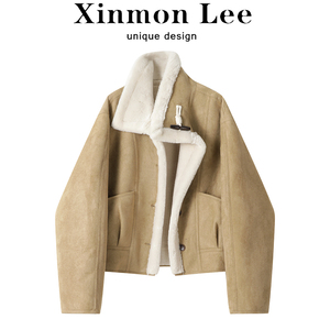 XinmonLee高级感超好看短款鹿皮绒外套女冬季加绒加厚羊羔毛上衣