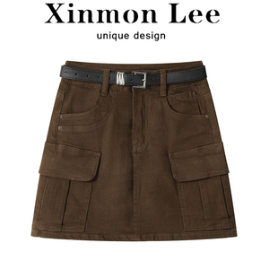 XinmonLee美式复古工装a字包臀半身短裙女秋季高腰显瘦设计感裙子