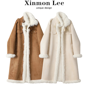 XinmonLee皮毛一体设计感立领大衣女秋冬高级感气质加绒毛毛外套