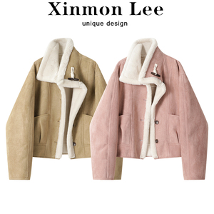 XinmonLee韩版短款羊羔毛女鹿皮绒外套加绒加厚冬季新款立领夹克