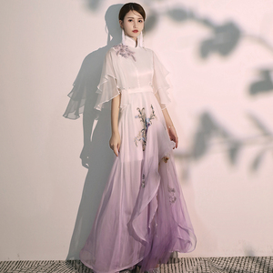 古风新款渐变紫色古筝演出服成人女长裙优雅古典飘逸中国风晚礼服
