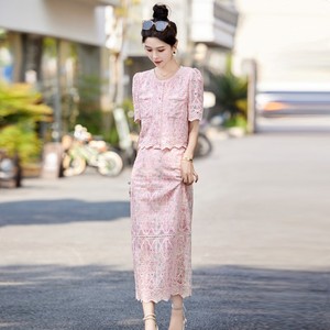 杭州高端刺绣小香风套装夏季蕾丝半身裙名媛风镂空上衣两件套长裙