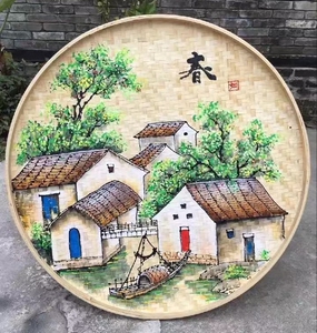 手绘簸箕画墙壁画火锅农家乐田园风装饰竹编制品春夏秋冬墙壁挂饰