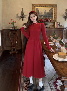 大码法式红色半高领针织显瘦连衣裙春季胖mm长袖内搭打底裙子女