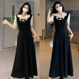 大码女装夏季新款法式设计假两件显瘦针织连衣裙女胖MM黑色长裙子