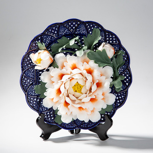 牡丹花德化陶瓷花盘艺术花卉挂盘工艺礼品纯手工创意客厅装饰摆件