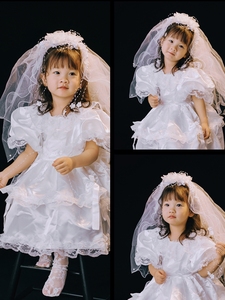2023儿童摄影主题服装白色小婚纱公主礼服唯美花朵头纱女童拍照