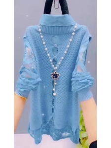 短款针织马甲+镂空蕾丝衬衫分体两件套女秋季洋气新款减龄针织衫