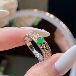 中矿翡翠 18k金戒指女士au750彩金指环镂空幸运高冰阳绿玉石配石