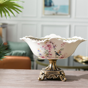 美式乡村陶瓷水果盘欧式f复古客厅茶几家用高脚创意装饰果盘摆件