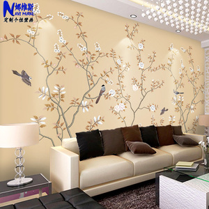 电视背景墙壁纸现代中式素雅花鸟图墙纸简约客厅沙发墙布装饰壁画