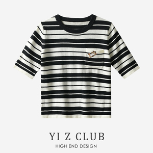 Yi Z CLUB 减龄猫咪贴布单口袋含羊毛短袖条纹针织衫春夏女装0.18