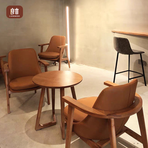 咖啡厅实木沙发椅网红甜品店扶手休闲椅茶几奶茶店沙发桌椅组合