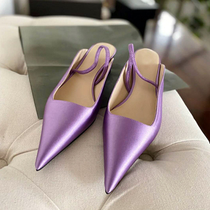 2020夏季新款包头后绊带凉鞋女百搭仙女风尖头浅口中跟紫色单鞋女