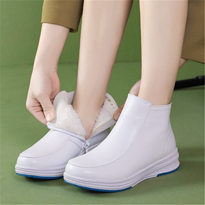 冬季新款白色护士棉鞋女靴保暖舒适中跟平底短靴子圆头轻便加绒鞋