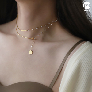 法式轻奢珍珠拼接双层项链镀18K金钛钢小众长款两戴高级感锁骨链