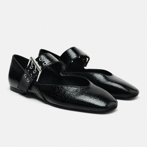 ZA2024年黑色饰带搭扣玛丽珍式平底芭蕾鞋新款平跟圆头浅口单鞋女