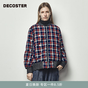 DECOSTER/德诗冬季新款品牌女装复古蓝色格子短款直筒羽绒服