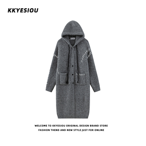 KKyesiou美式复古慵懒风连帽针织风衣男女宽松灰色中长款毛衣外套
