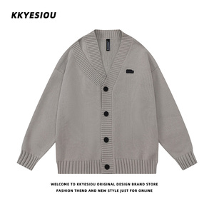 KKyesiou美式复古潮牌不规则V领针织开衫男女学院风灰色毛衣外套