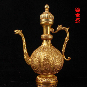 古玩古董收藏纯铜鎏金凤嘴水壶茶壶酒壶铜器工艺品家居办公室摆件