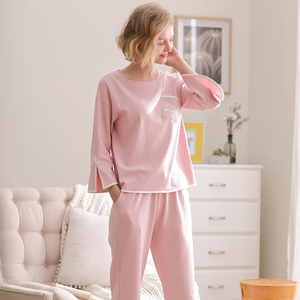 雅巧29674女士韩版睡衣九分袖双面针织提条春秋季家居服套装