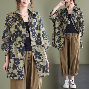 日本高端外贸出口大牌剪标夏季日系复古棉麻短袖衬衫印花减龄上衣