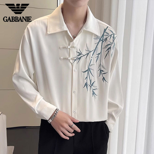 GABBANIE新中式国风刺绣白衬衫男长袖高级感改良汉服元素中山唐装
