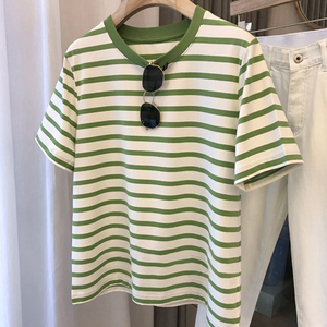 纯棉绿色条纹短袖T恤女夏季2024新款黑白宽松显瘦圆领半袖体恤衫
