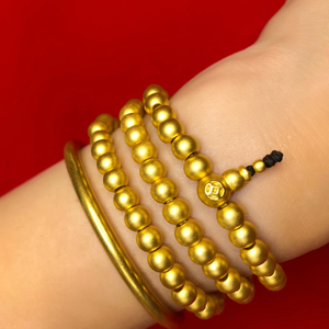 黄金古法手链999足金3圈转运珠6mm金珠传承108佛珠路路通手串