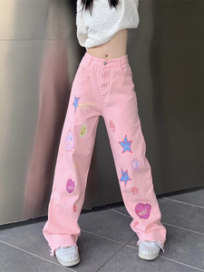 日系粉色卡通图案牛仔裤女夏季直筒多巴胺穿搭长裤设计感小众裤子