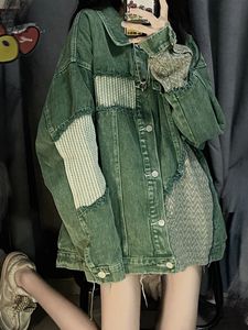 绿色牛仔外套女春季美式复古贴布拼接设计感小众宽松bf夹克上衣潮