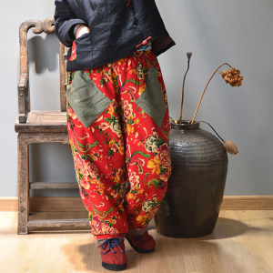 民族风东北大红花棉裤复古怀旧文艺宽松夹棉外穿阔腿萝卜裤女长裤