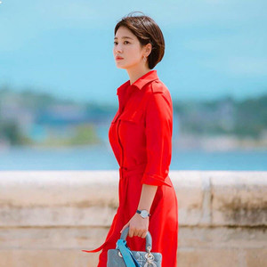 宋慧乔同款红色法式复古长袖衬衫连衣裙女2022年新款早春高端大牌