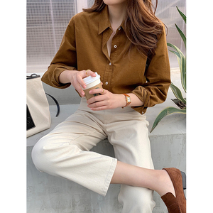 ms lori 浓郁秋冬暖棕色 100棉细条灯芯绒复古翻领长袖衬衫女法式
