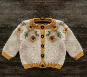 ins风秋冬女童宝宝超美手工绣花黄色向日葵花朵可爱开衫毛衣外套