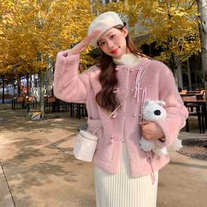 粉色仿水貂绒毛茸茸外套女冬季加厚2022新款短款小个子韩系棉衣