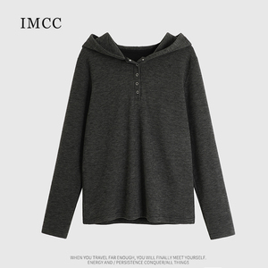 IMCC设计感小众深灰色绵羊绒连帽长袖T恤女冬宽松显瘦打底衫上衣