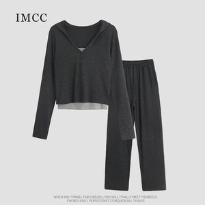 IMCC设计感小众绵羊绒灰色运动套装女连帽短款上衣+直筒阔腿裤ins