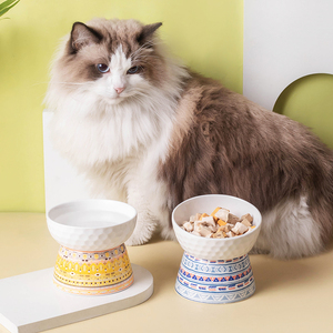 陶瓷猫碗猫咪喝水碗防打翻护颈幼猫专用斜口猫盘饭碗宠物猫粮盆黑