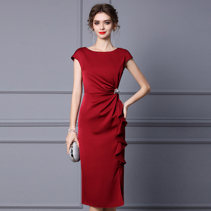 枝荔红色连衣裙2024夏装新款包肩袖高腰显瘦荷叶边中长款礼服裙子