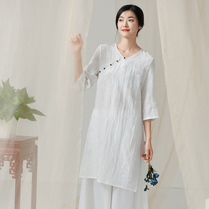 春夏季新中式国风复古亚麻提花宽松版v领禅意服中长款居士女上衣