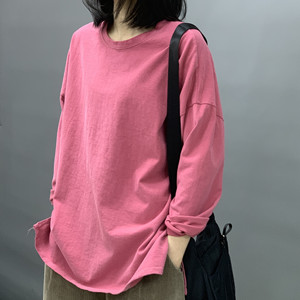 春季新款韩版宽松显瘦大码圆领长袖套头T恤衫中长款加厚T女打底衫