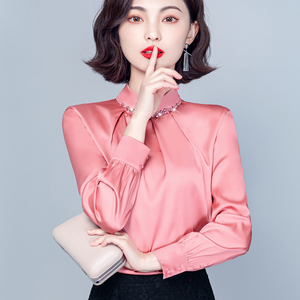 绸缎衬衫女士小衫丝光缎面洋气执着真丝高贵时尚长袖桑蚕丝上衣女