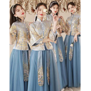 中式伴娘服春季蓝色中国风大码婚礼结婚姐妹服伴娘团秀禾长袖礼服