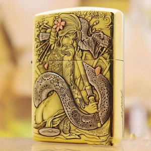 zippo打火机正版鬼王新品艺妓 纯铜盔甲双面浮雕镶嵌 防风煤油男