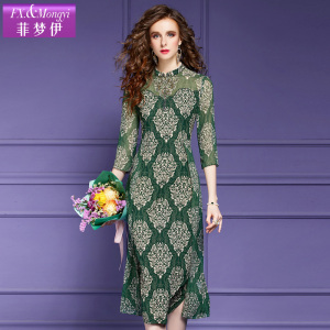 菲梦伊蓝色双绉真丝印花连衣裙女夏季新款重磅大牌高端贵夫人裙子