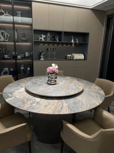 进口蓝金沙奢石餐桌椅组合天然大理石圆桌家用现代轻奢高级感饭桌